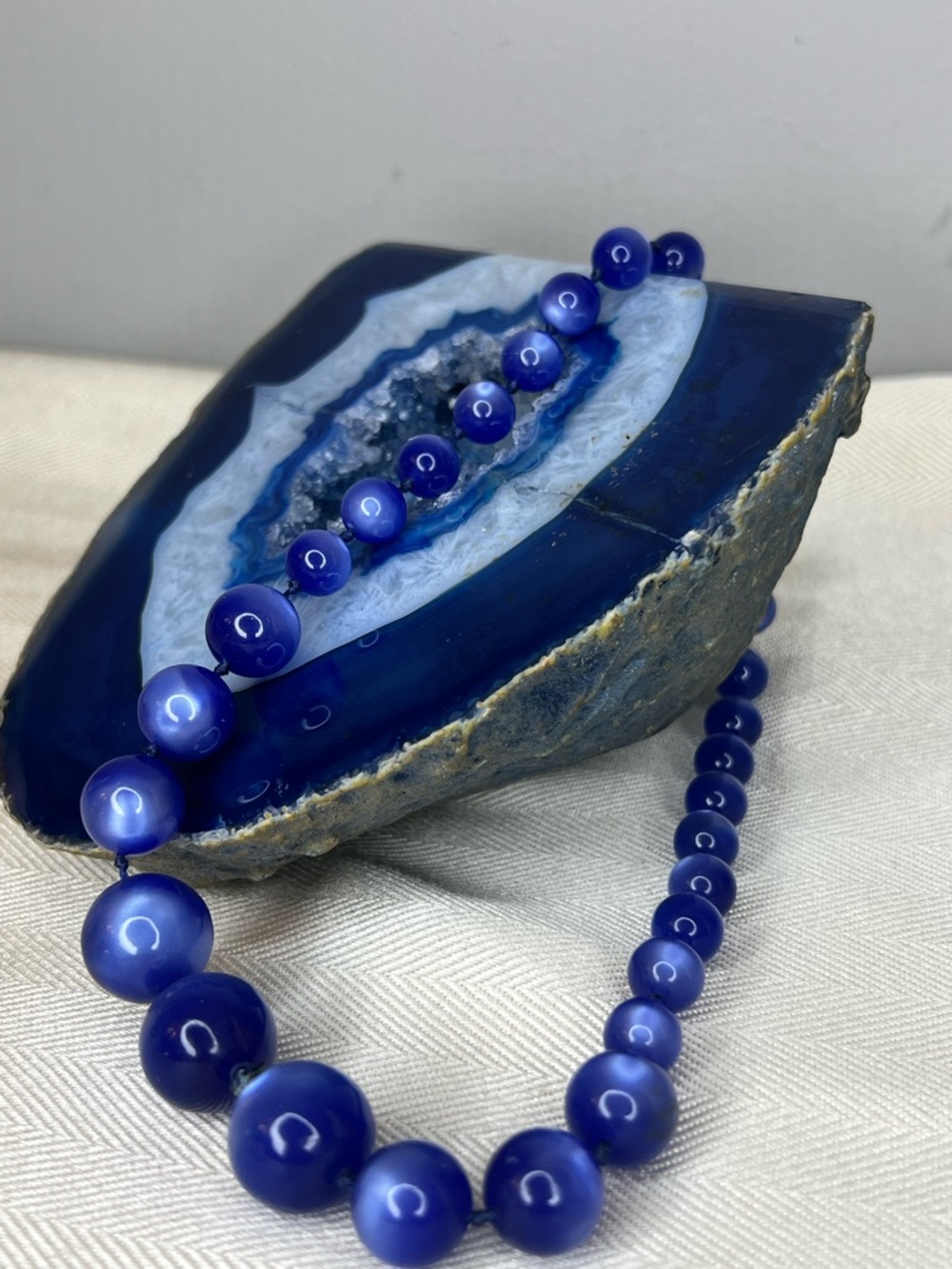 Moonglow Lucite Vintage Blue Beaded Mid-Century Modern Hand Knotted Necklace